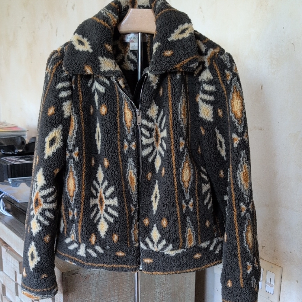 Band of Gypsies Patterned Teddy Jacket in Charcoal And Cream